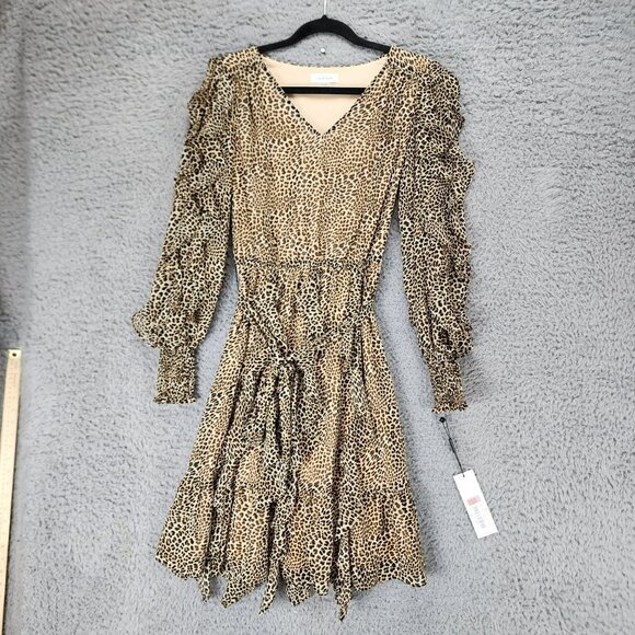 Calvin Klein Dress Womens 2 Leopard Print Long Sleeve Knee Length Ruffled NWT - Picture 1 of 13